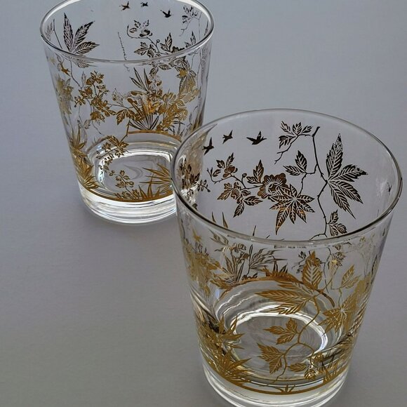 Vintage MCM Clear & 22K Gold Foil Leaves Double Old Fashioned Tumbler Set of 2 - Picture 3 of 10